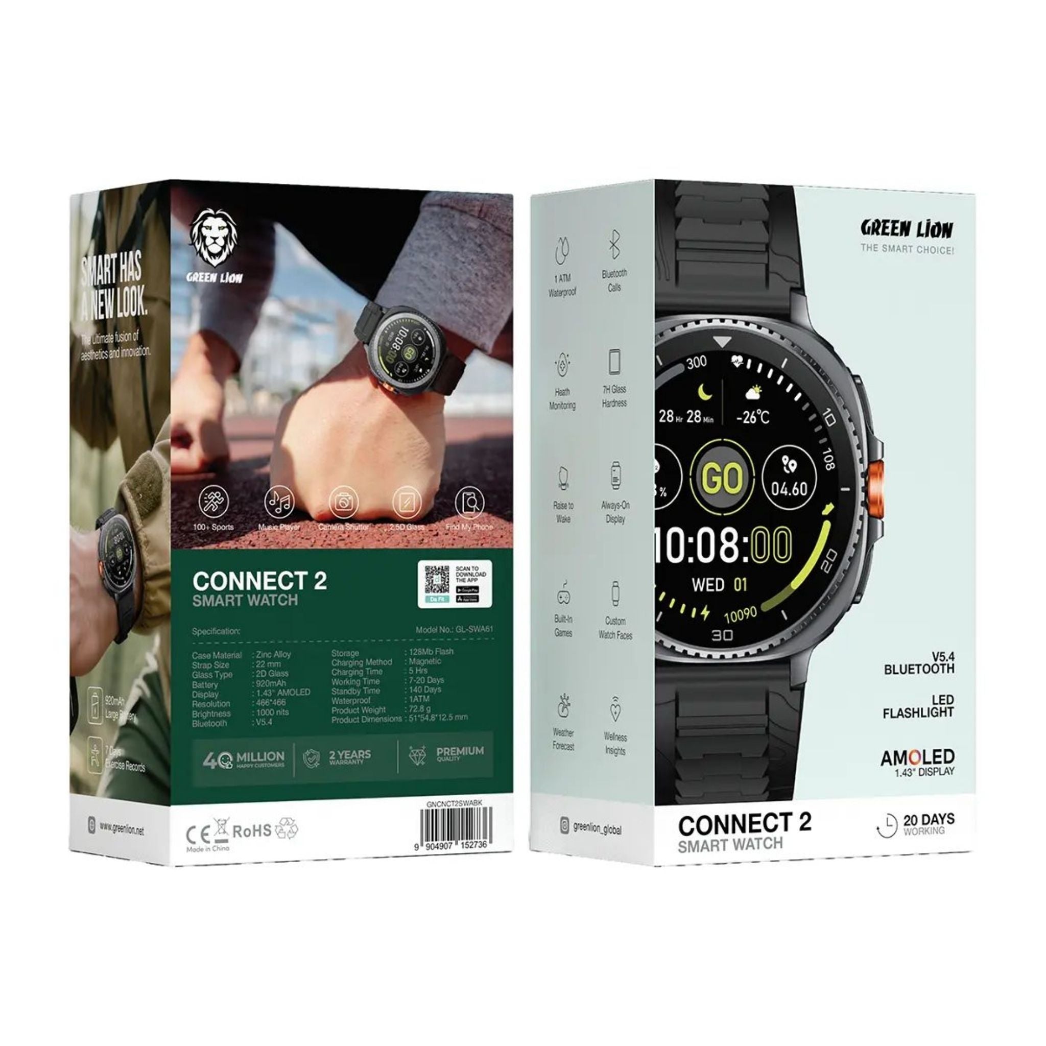 Green Lion Connect2 Smart Watch with 1.43" AMOLED Display, Bluetooth Calling, 920mAh Battery, Always-On Display, Health Monitoring & 1 ATM Water Resistance - Black