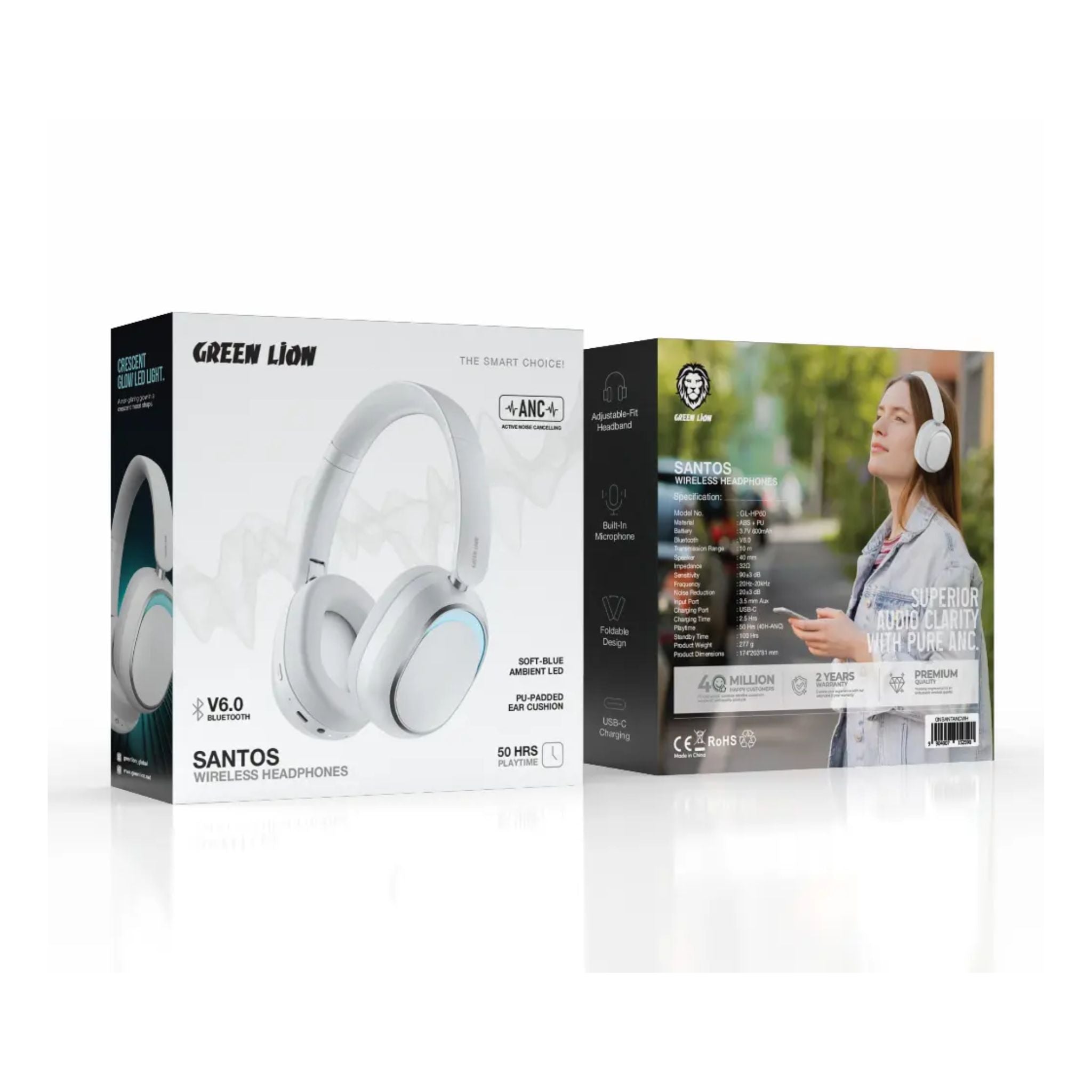 Green Lion Santos Wireless ANC Headphones Bluetooth 6.0 Active Noise Cancellation 40mm Dynamic Drivers Up to 50 Hours Playtime USB-C Fast Charging Built-in Microphone Foldable Design Adjustable Headband PU Padded Ear Cushions Ambient LED Light - White