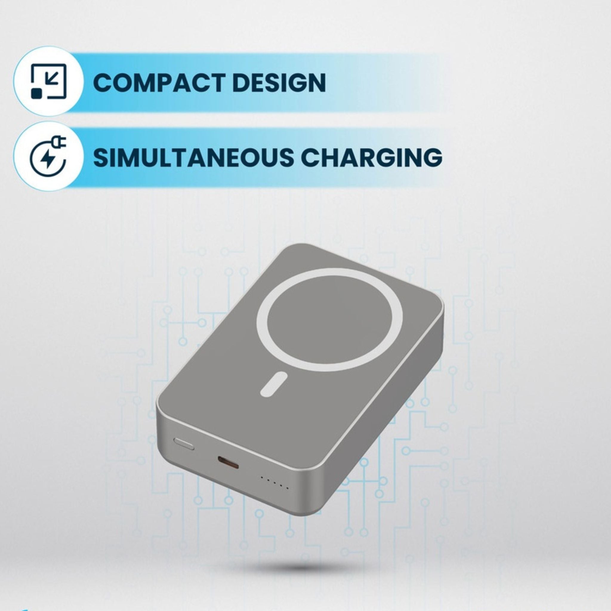 Powerology 20000mAh Power Bank, Compatible with MagSafe, PD 20W Fast Charge, 15W Wireless Output, Simultaneous Charging, Compact Design & Portable_Titanium