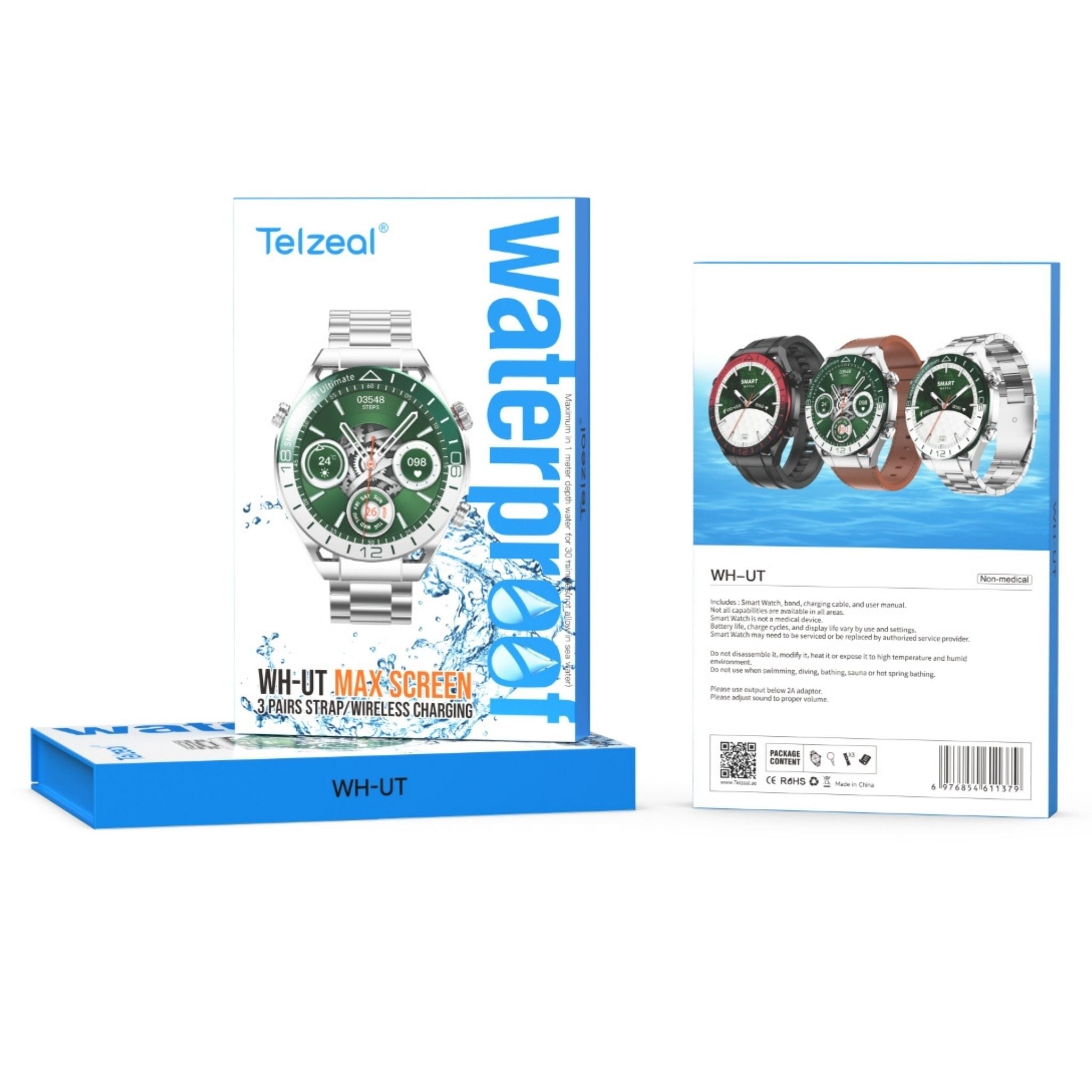 Telzeal WH-UT Smartwatch with Waterproof Max Screen Wireless Charging and 3 Pair Straps,Designed for Men- Silver