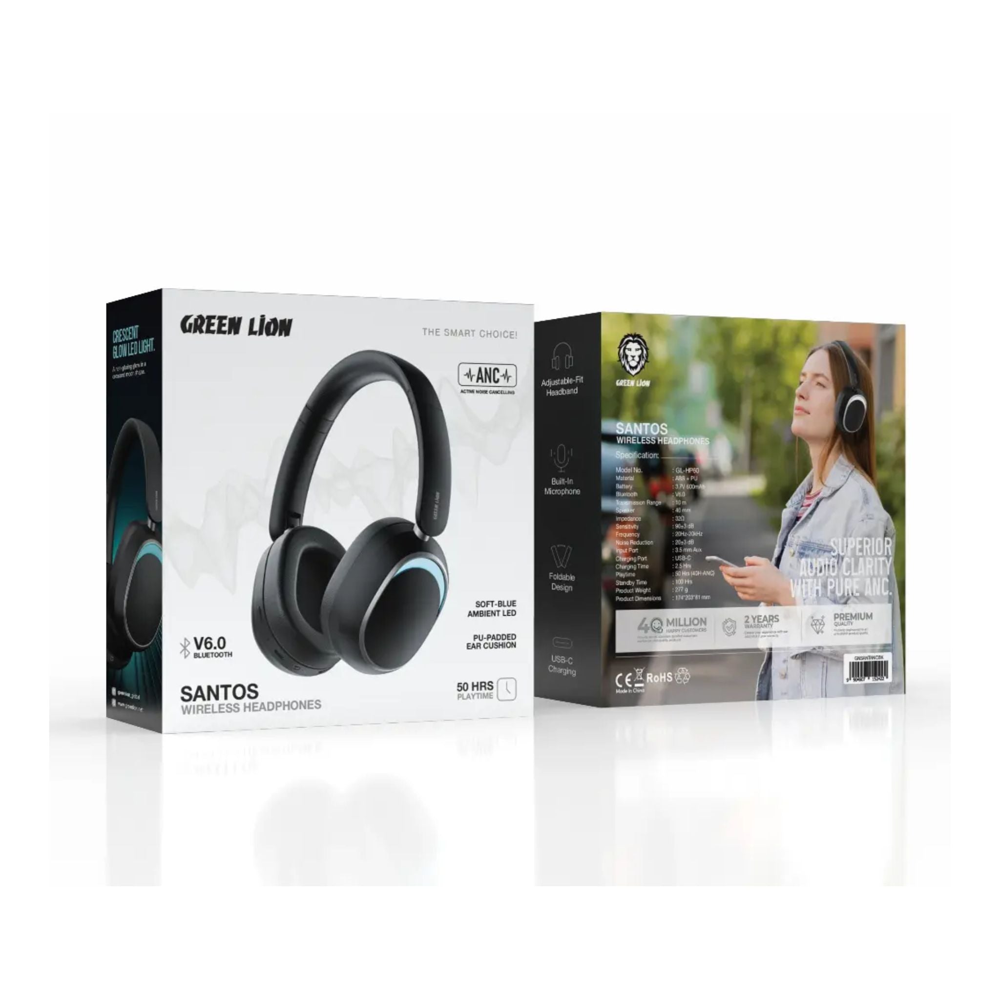 Green Lion Santos Wireless ANC Headphones Bluetooth 6.0 Active Noise Cancellation 40mm Dynamic Drivers Up to 50 Hours Playtime USB-C Fast Charging Built-in Microphone Foldable Design Adjustable Headband PU Padded Ear Cushions Ambient LED Light- Black