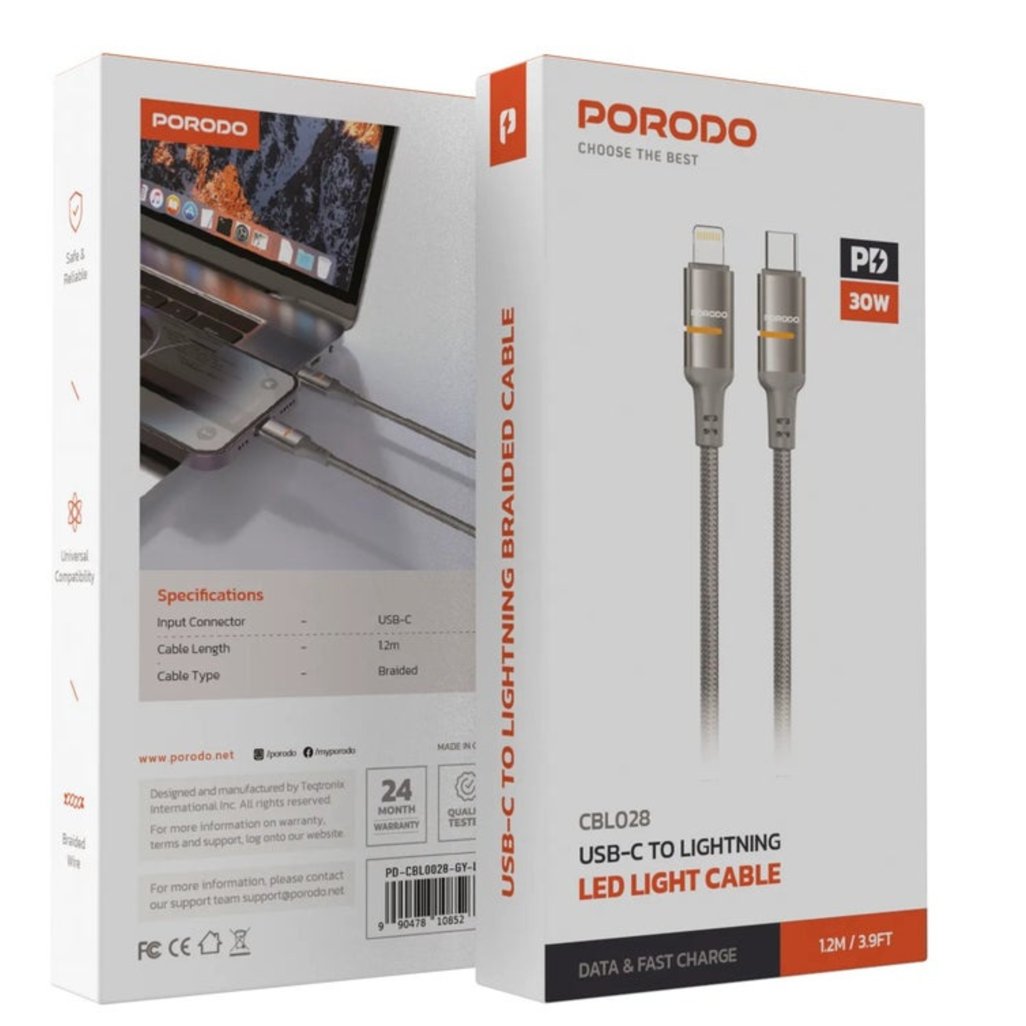 Porodo USB-C to Lightning LED Light Cable with 30W Power Delivery, 480Mbps Transfer Speed, 1.2m Cable Length, Fast Charging & Data Transfer, Braided Wire - Gray