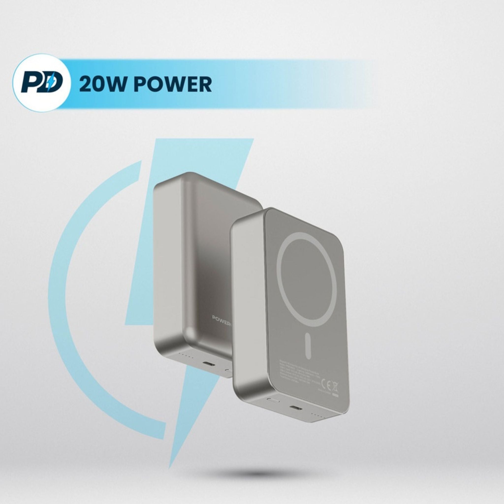 Powerology 20000mAh Power Bank, Compatible with MagSafe, PD 20W Fast Charge, 15W Wireless Output, Simultaneous Charging, Compact Design & Portable_Titanium