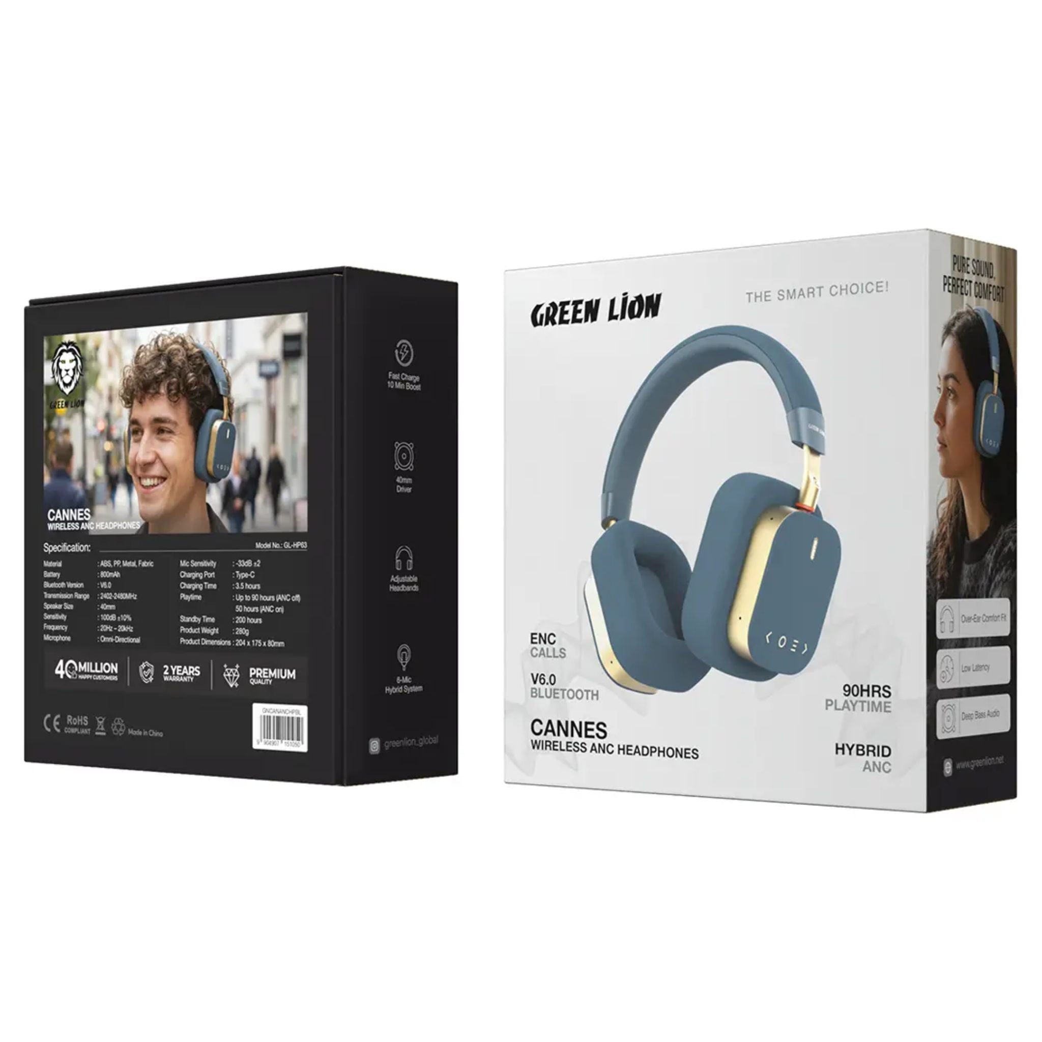 Green Lion Cannes Wireless ANC Headphones Bluetooth 6.0 Hybrid Active Noise Cancellation 6 Mic ENC Calls 40mm Drivers Deep Bass Audio Low Latency Over Ear Adjustable Headband Type C Fast Charging Up to 90 Hours Playtime- Blue