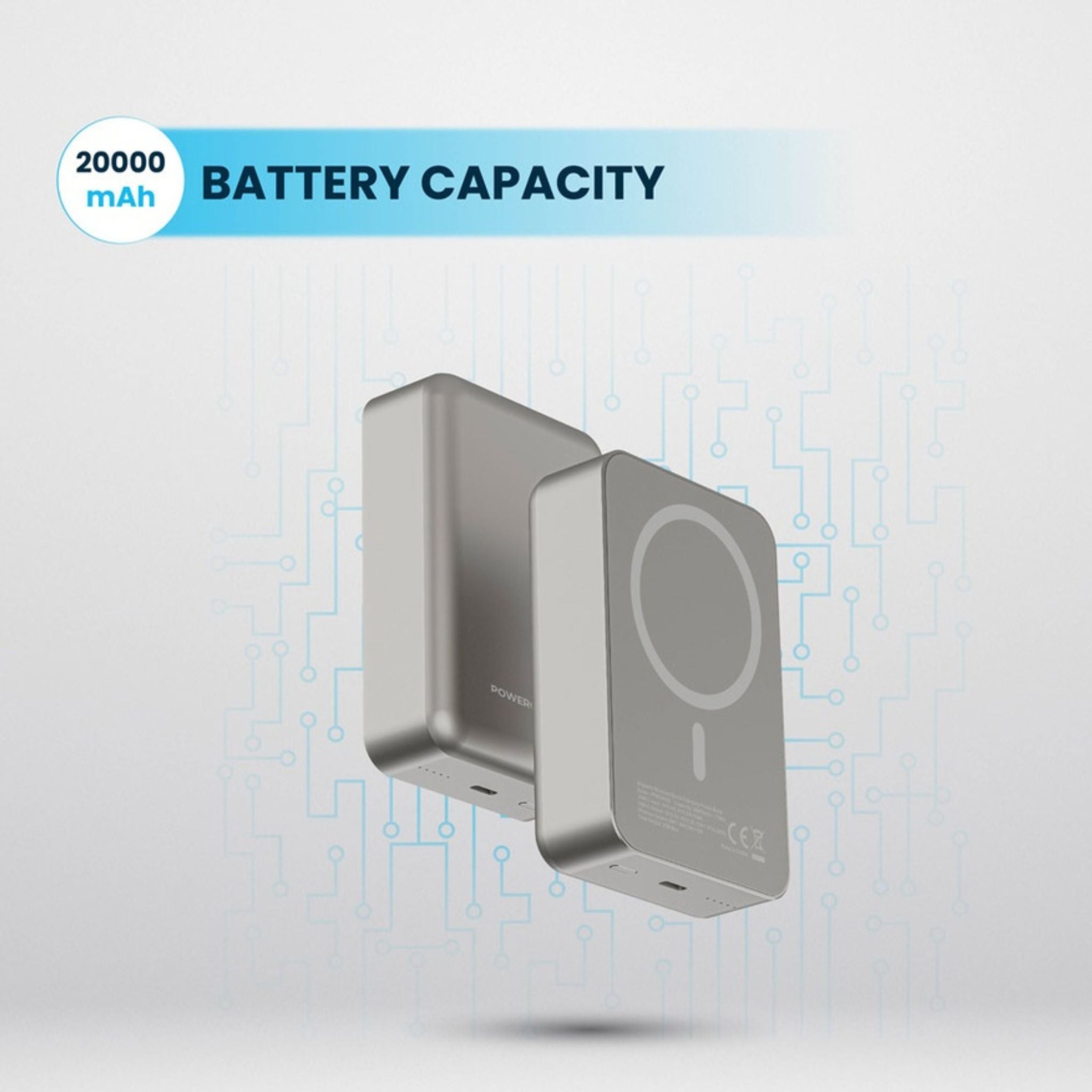 Powerology 20000mAh Power Bank, Compatible with MagSafe, PD 20W Fast Charge, 15W Wireless Output, Simultaneous Charging, Compact Design & Portable_Titanium
