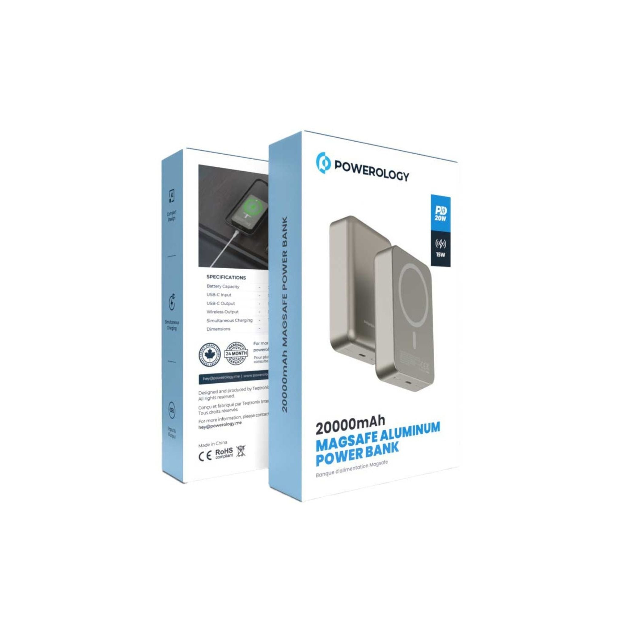 Powerology 20000mAh Power Bank, Compatible with MagSafe, PD 20W Fast Charge, 15W Wireless Output, Simultaneous Charging, Compact Design & Portable_Titanium