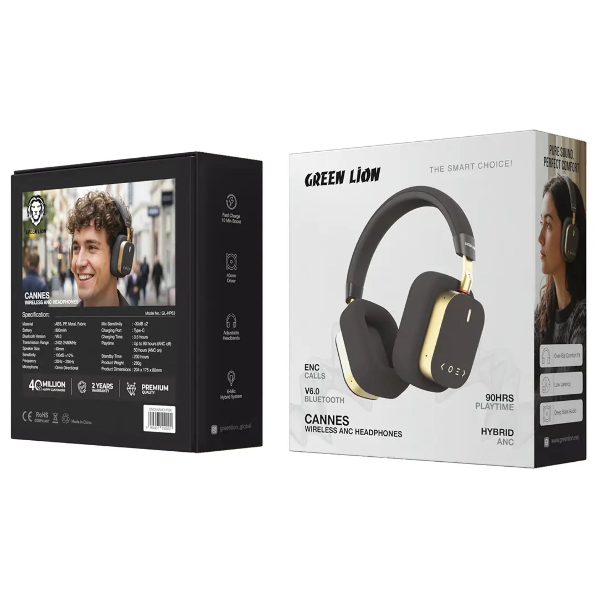 Green Lion Cannes Wireless ANC Headphones Bluetooth 6.0 Hybrid Active Noise Cancellation 6 Mic ENC Calls 40mm Drivers Deep Bass Audio Low Latency Over Ear Adjustable Headband Type C Fast Charging Up to 90 Hours Playtime- Black