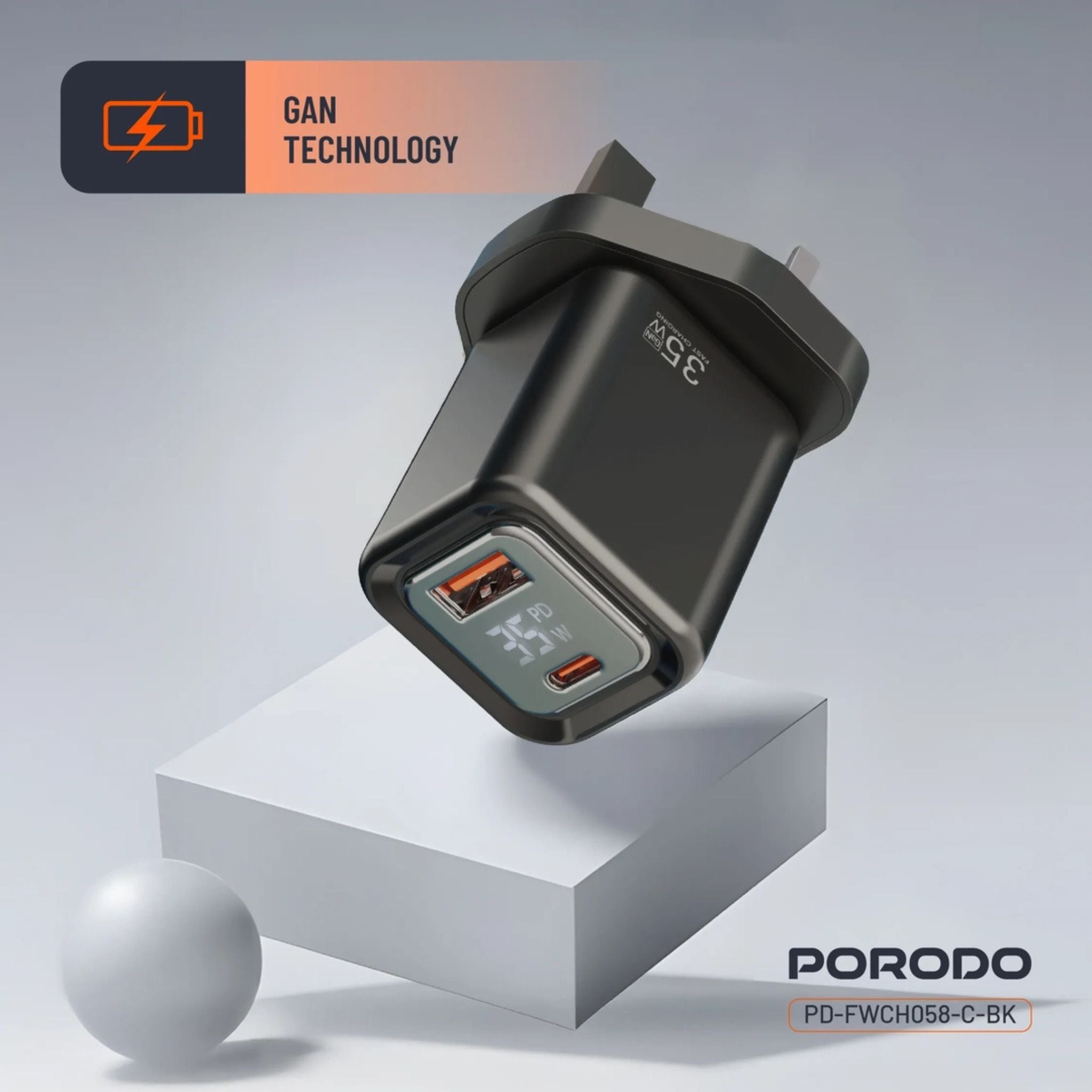 Porodo  PD35W GaN Display Screen USB +C Fast Charger UK Plug with  Type-C Transparent Cable - Black