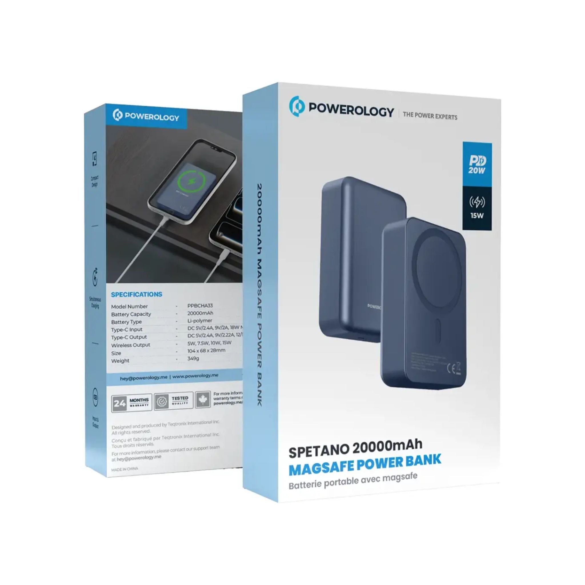 Powerology Spetano MagSafe Aluminum Power Bank 20000mAh Wireless Portable Charger 15W Magnetic Charging PD 20W Fast Charging USB-C and USB-A Output Simultaneous Charging Compact Li-Polymer Battery for Smartphones and Tablets-Blue