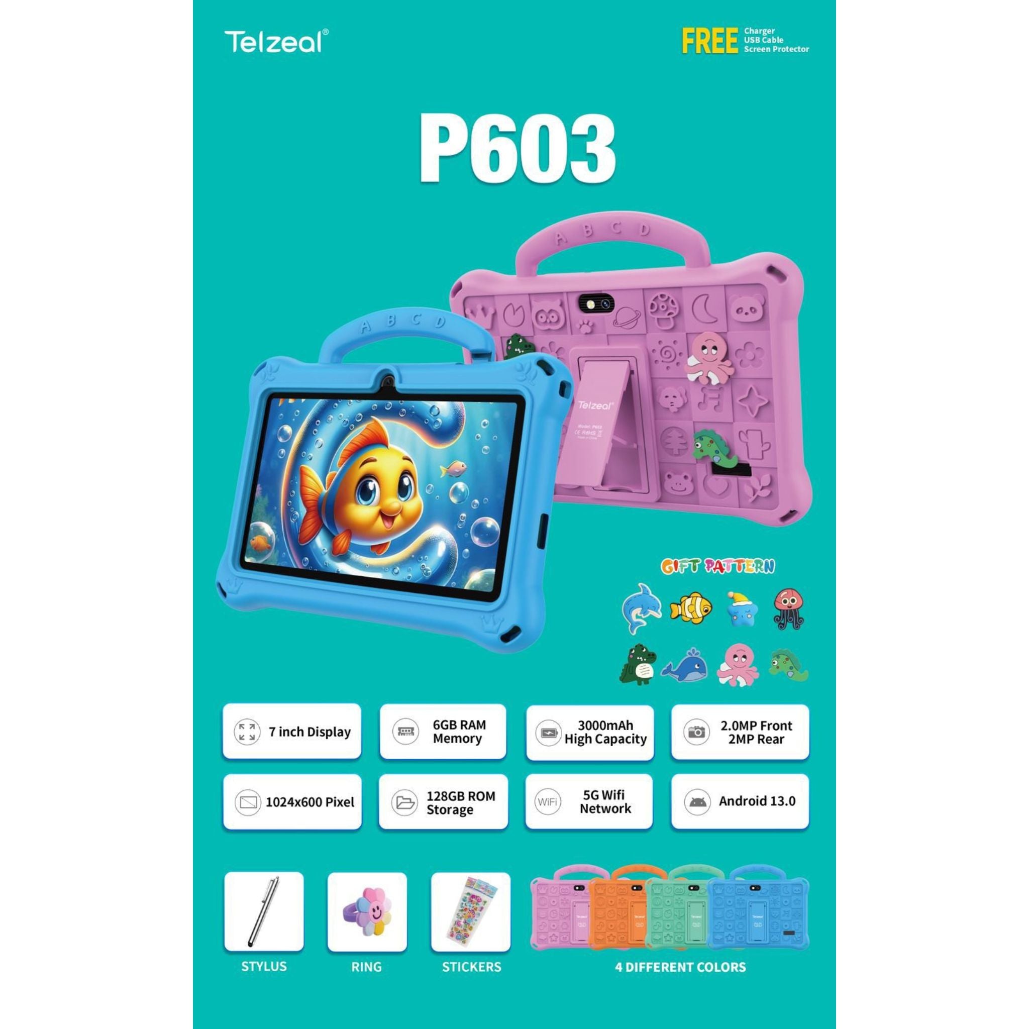 Telzeal P603 Kids Tablet – 7 Inch Display (6+128GB) 1024x600 HD Display, Wi-Fi, 3000mAh Battery, 2MP Front & Rear Cameras, Tempered Glass & Touch Panel + Free Gifts-Orange