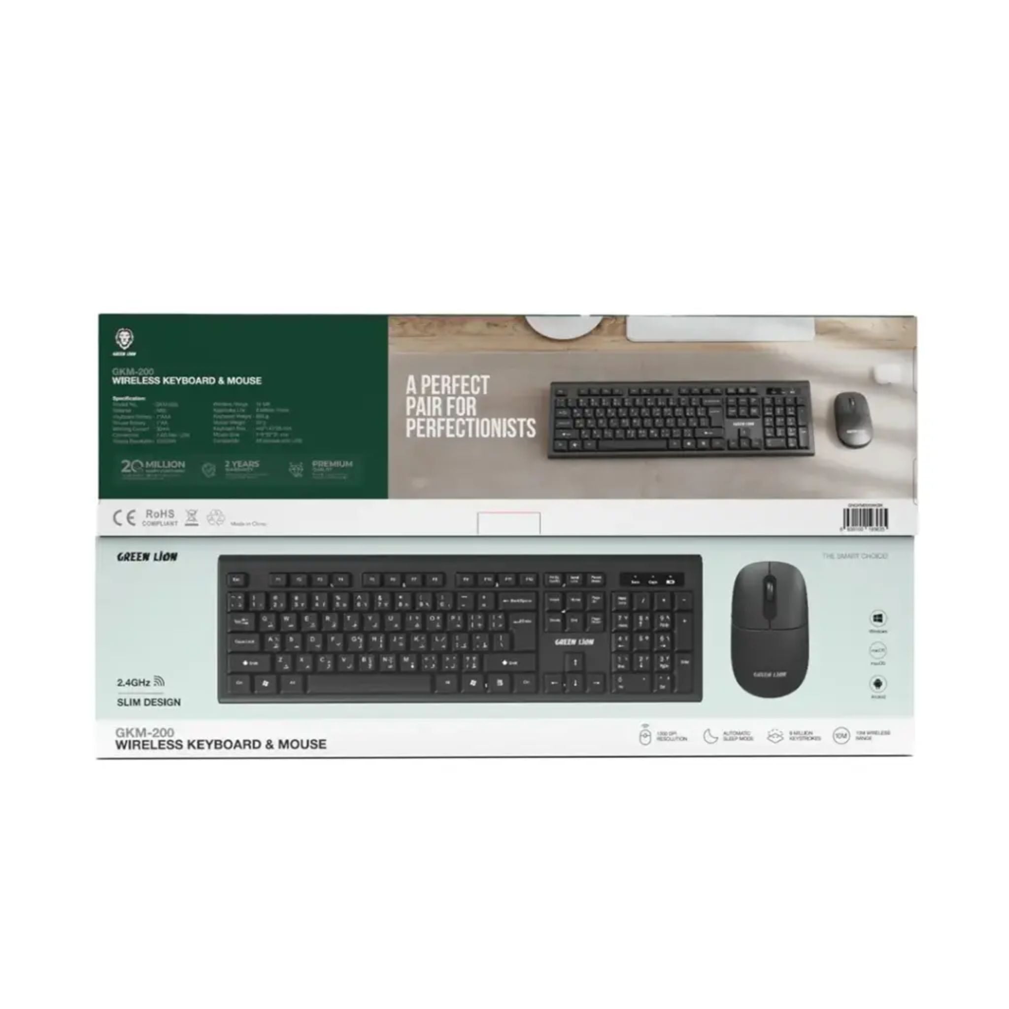Green Lion GKM-200 Wireless Keyboard and Mouse Combo 2.4GHz USB Connection 10m Range 1200 DPI ABS Slim Design Ergonomic Set Automatic Sleep Mode Long Battery Life Keyboard Mouse Combo Compatible with USB Devices Portable Office Home Use - Black
