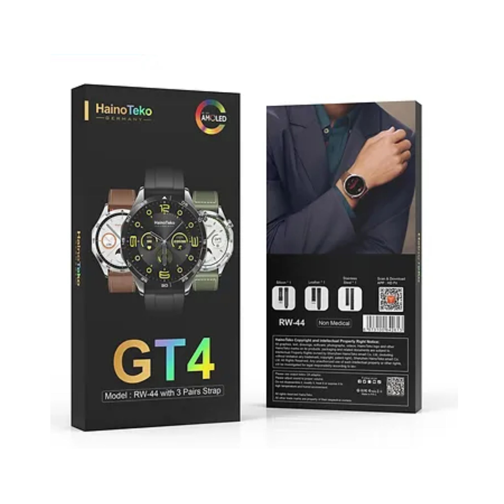 Haino Teko RW44 (GT4) SmartWatch with 3 Bands (Stainless Steel+Leather+Silicone)with AMOLED HD IPS Screen_Black