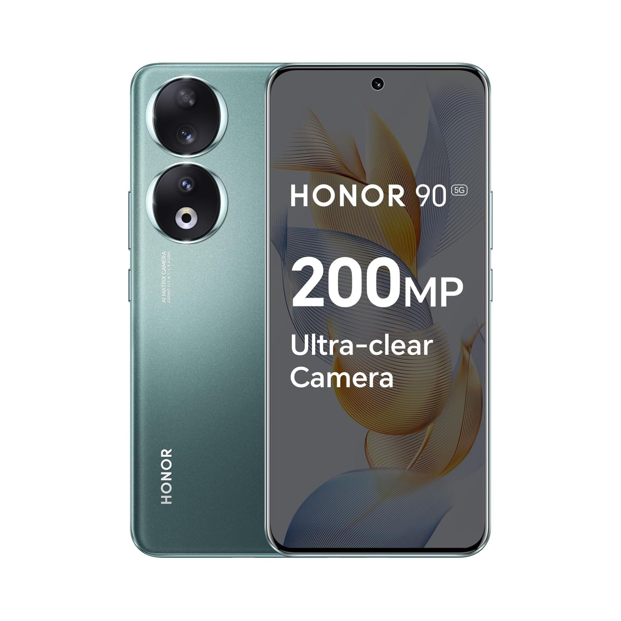 The image shows a green Honor 90 smartphone with a triple-camera setup on the back, prominently displaying a 200 MP Ultra-clear Camera feature.