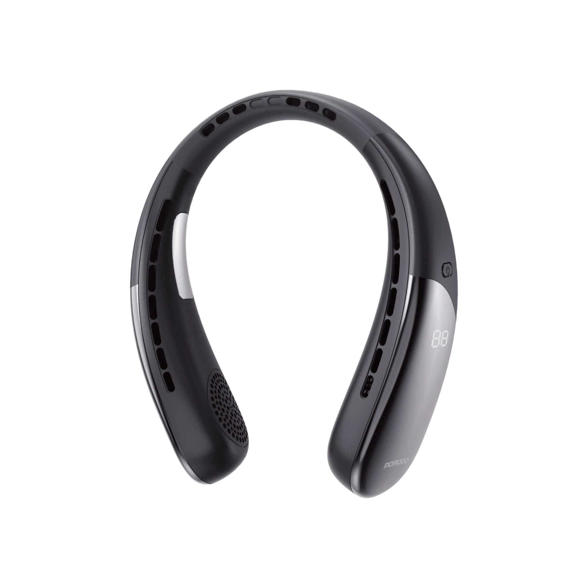 Porodo Lifestyle Chillo Zen Neck Hanging Fan Bladeless Cooling 3000mAh Rechargeable Battery Dual Semiconductor Cooling Plates LED Digital Display 6 Speed Levels USB-C Fast Charging Portable Personal Cooling Fan ABS PC Build Up to 4.5 Hours Runtime - Black