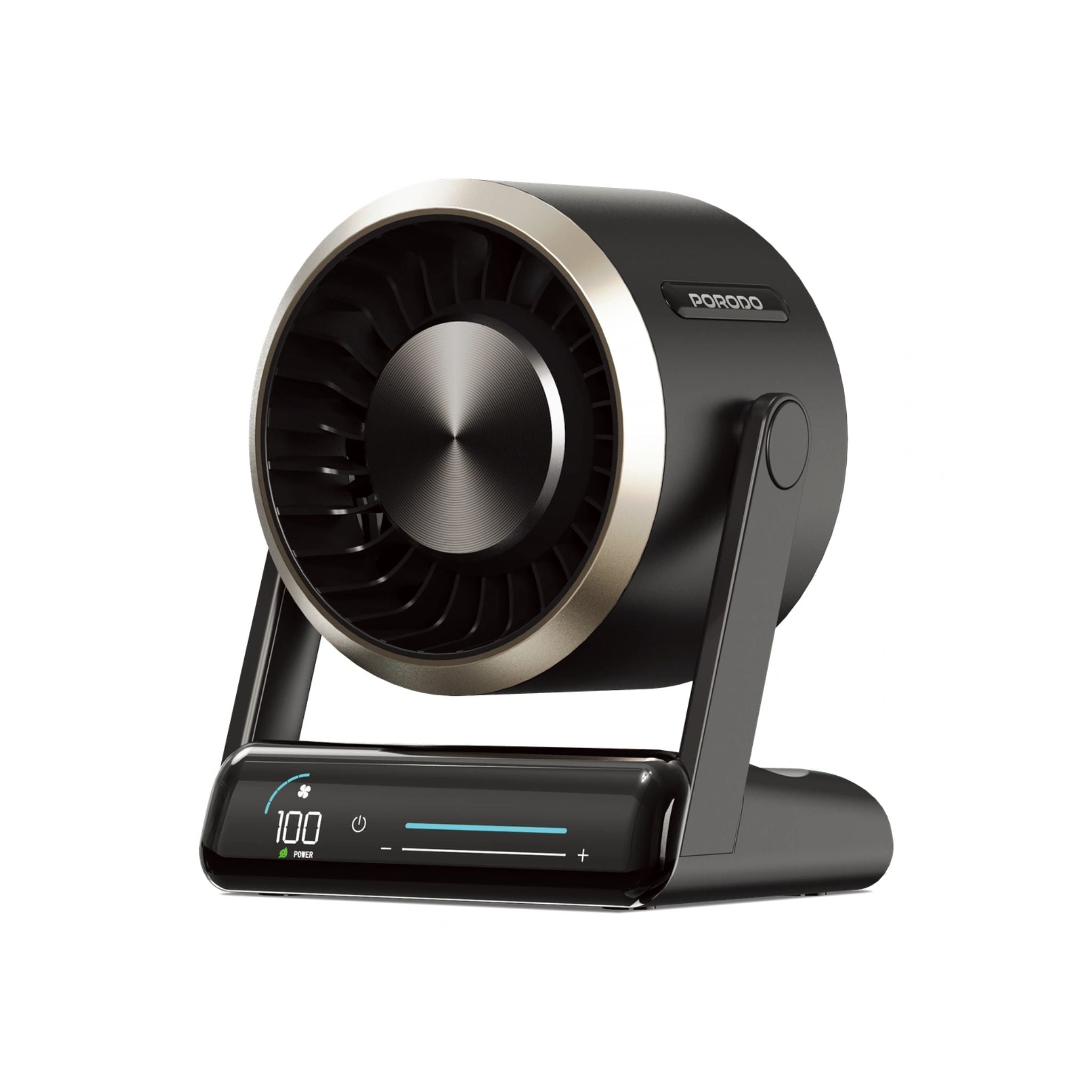 Porodo Lifestyle Chillo Core Desktop Fan 6000mAh Rechargeable Battery 21700 Cells LED Display 100 Speed Levels 120° Adjustable Airflow Touch & Slide Control USB-C Fast Charging Quiet Operation ABS PC Durable Build Desk Home Portable Cooling Fan- Black