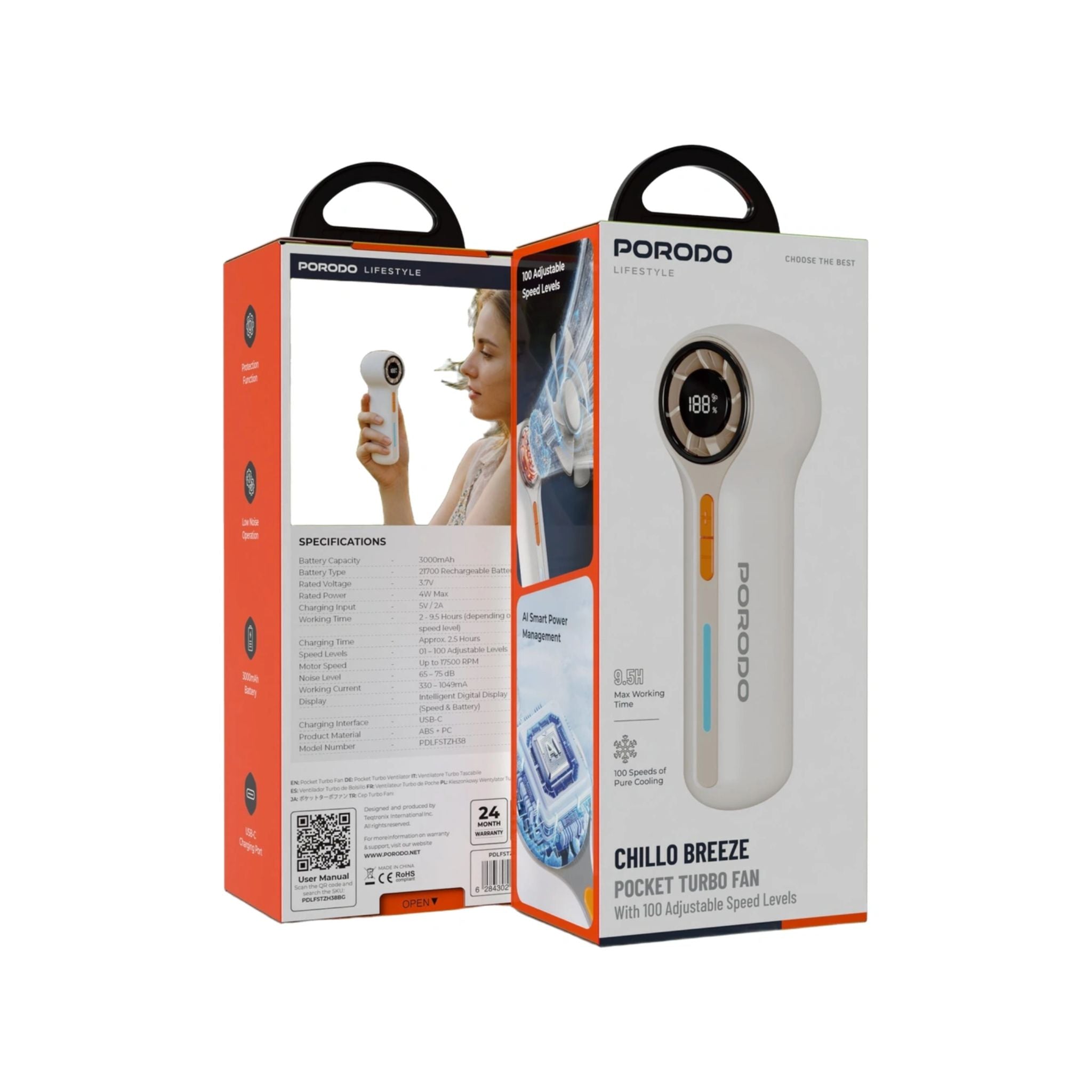 Porodo Lifestyle Chillo Breeze Pocket Turbo Fan Beige 3000mAh Rechargeable Portable Mini Fan with Digital Display USB-C Charging 100 Speed Levels Up to 9.5 Hours Runtime 17500RPM- Beige