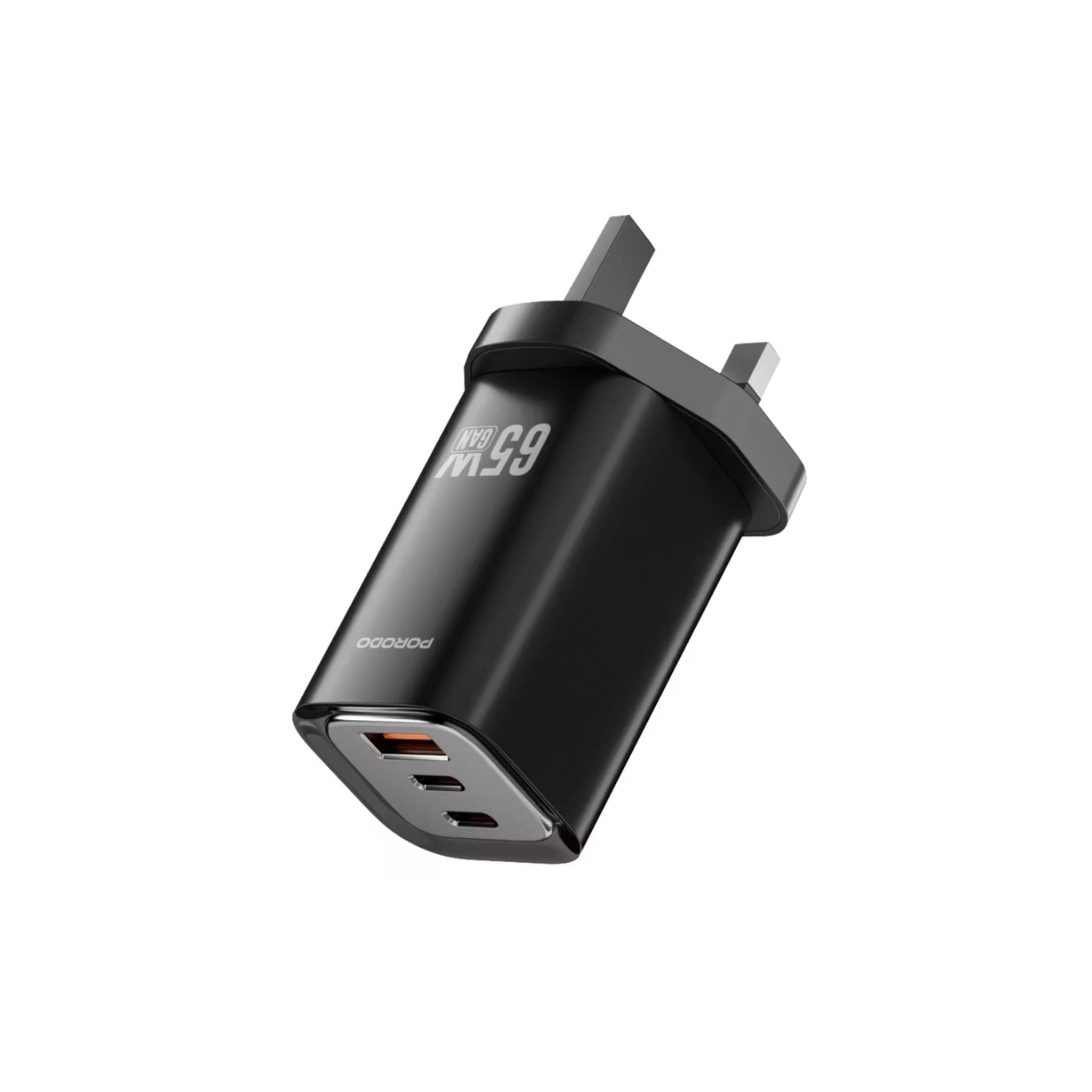Porodo Triple Output Quick Wall Charger with 65W Power Delivery, Built-in Safeguards, Simultaneous Charging, 22.5W USB-A Output, Laptop Charging Compatibility - Black