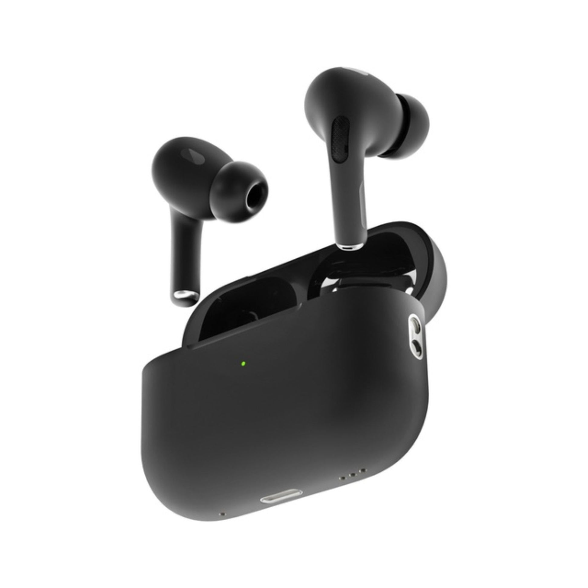 The image shows a pair of black Porodo Blue Earbuds Pro 2 with swipe volume control and a charging case.
