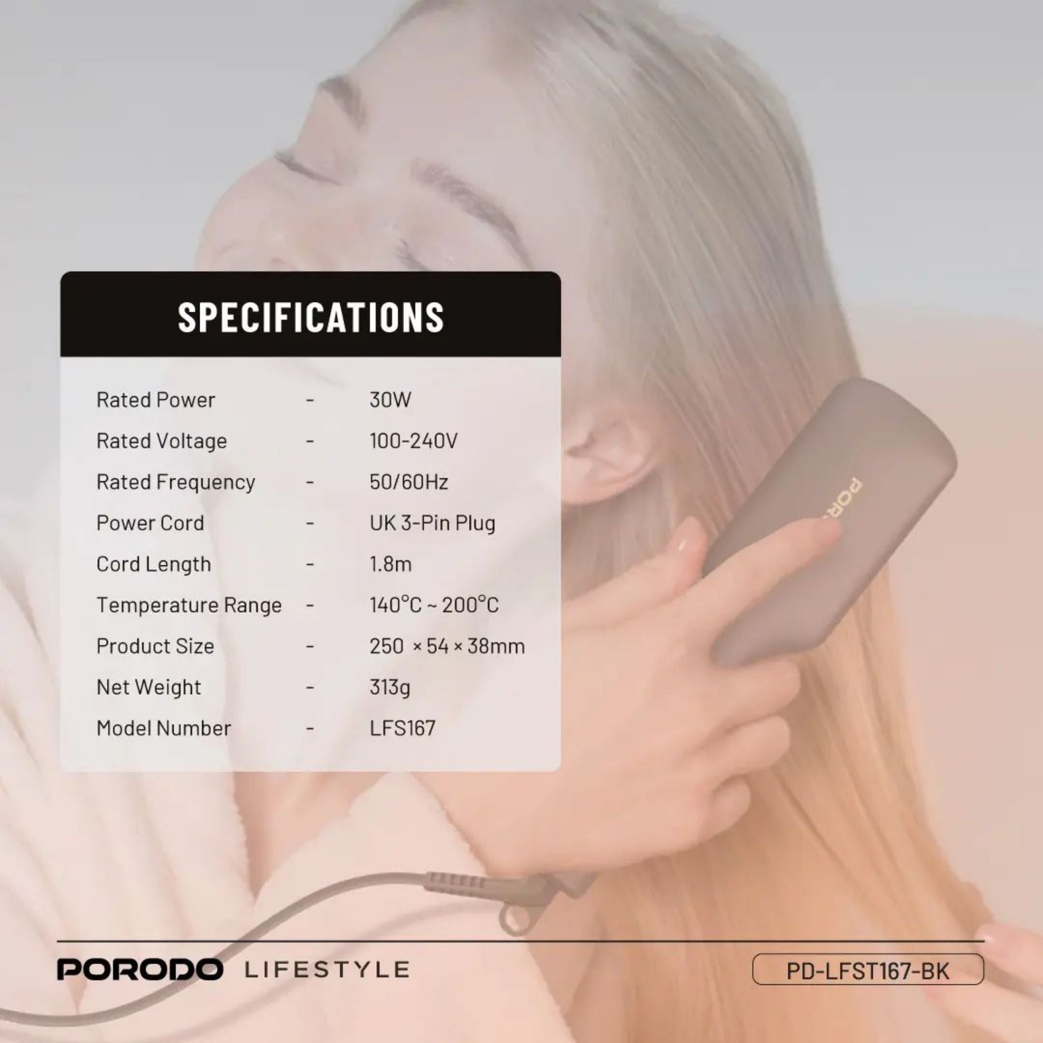 Porodo Lifestyle Electric Heated Hair Straightener Comb, 5 Heat Settings 140°C-200°C, Ceramic Coating, Anti-Scald Teeth, 30s Fast Heating, Auto Shut-Off, Frizz Reduction Hair Styler, UK Plug- Black
