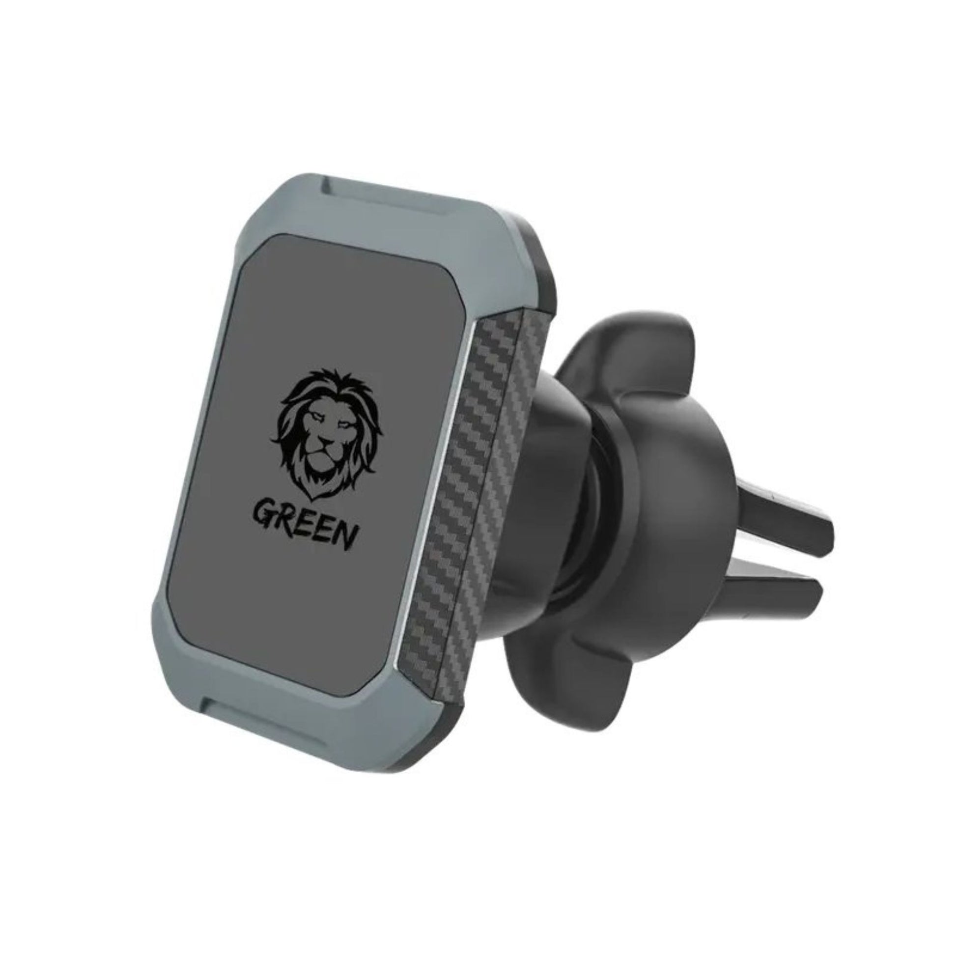 A black Green Lion brand magnetic car phone holder with 360 degree rotation capability, designed to be mounted on a vehicle's air conditioning vent.