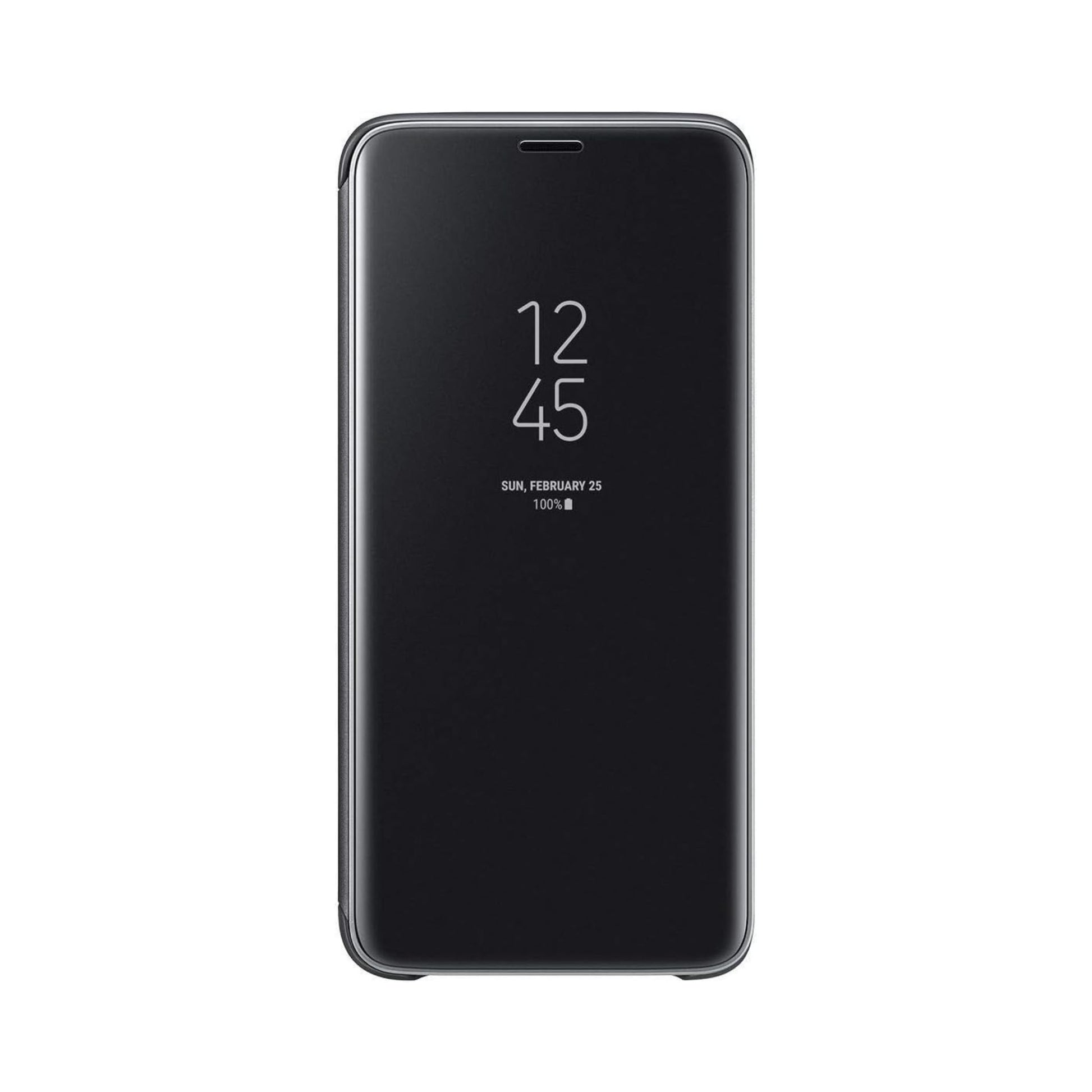 Black smartphone with reflective screen on a white background