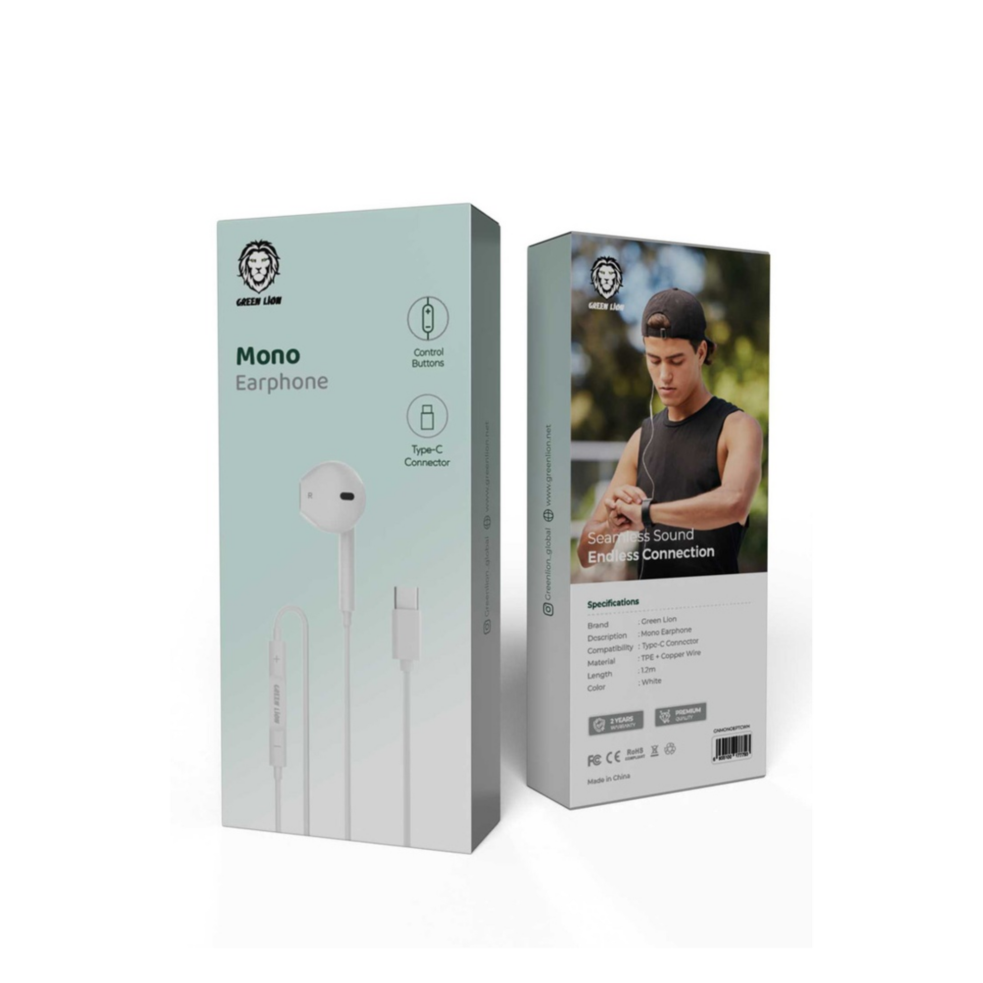 Packaging of Green Lion Mono Earphones with Type-C Connector in white color, featuring the earphones and their box with brand and product information.