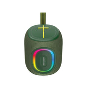 A green wireless speaker with a cross on the top and a colorful LED light ring around the bottom.