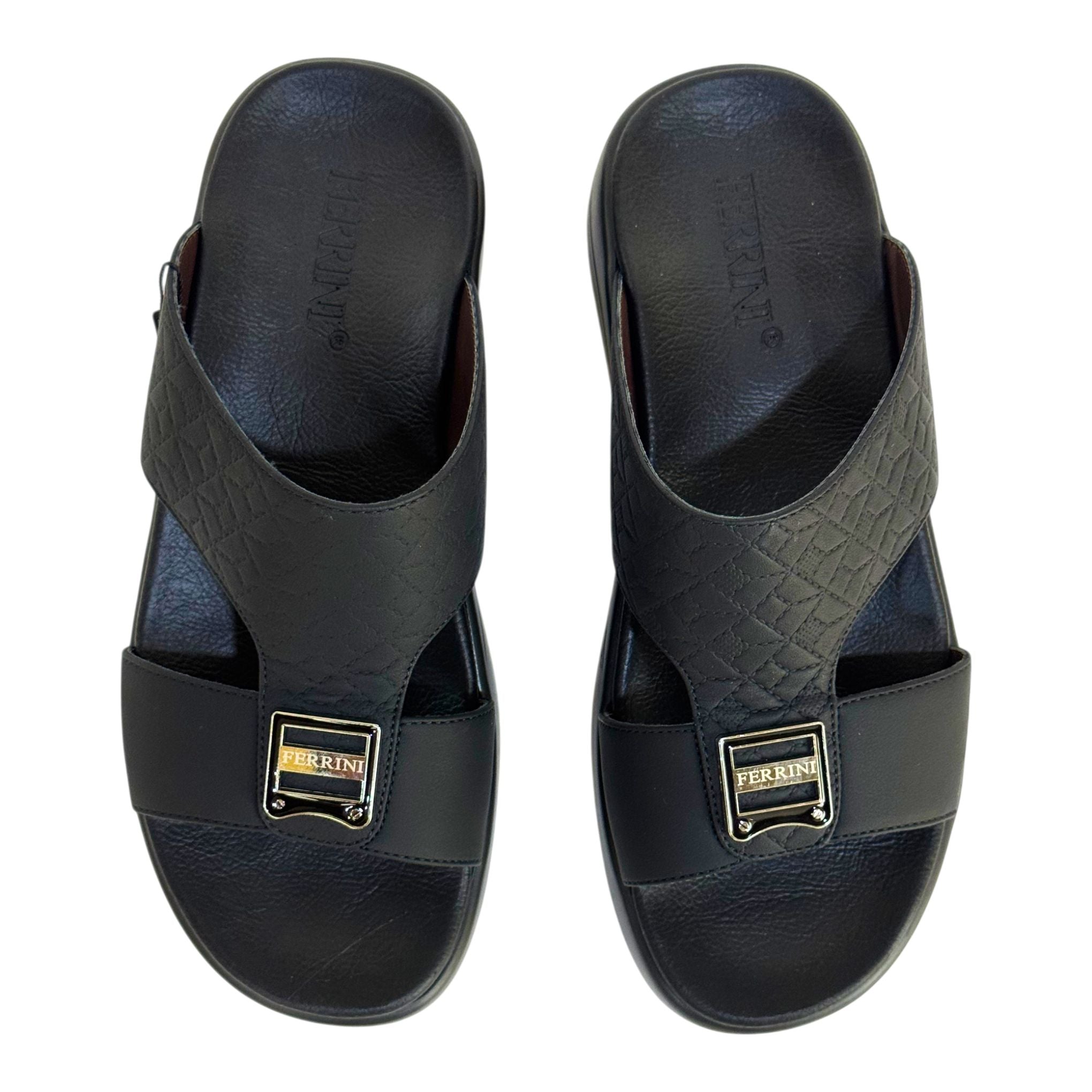 Pair of black sandals with a brand logo on a white background