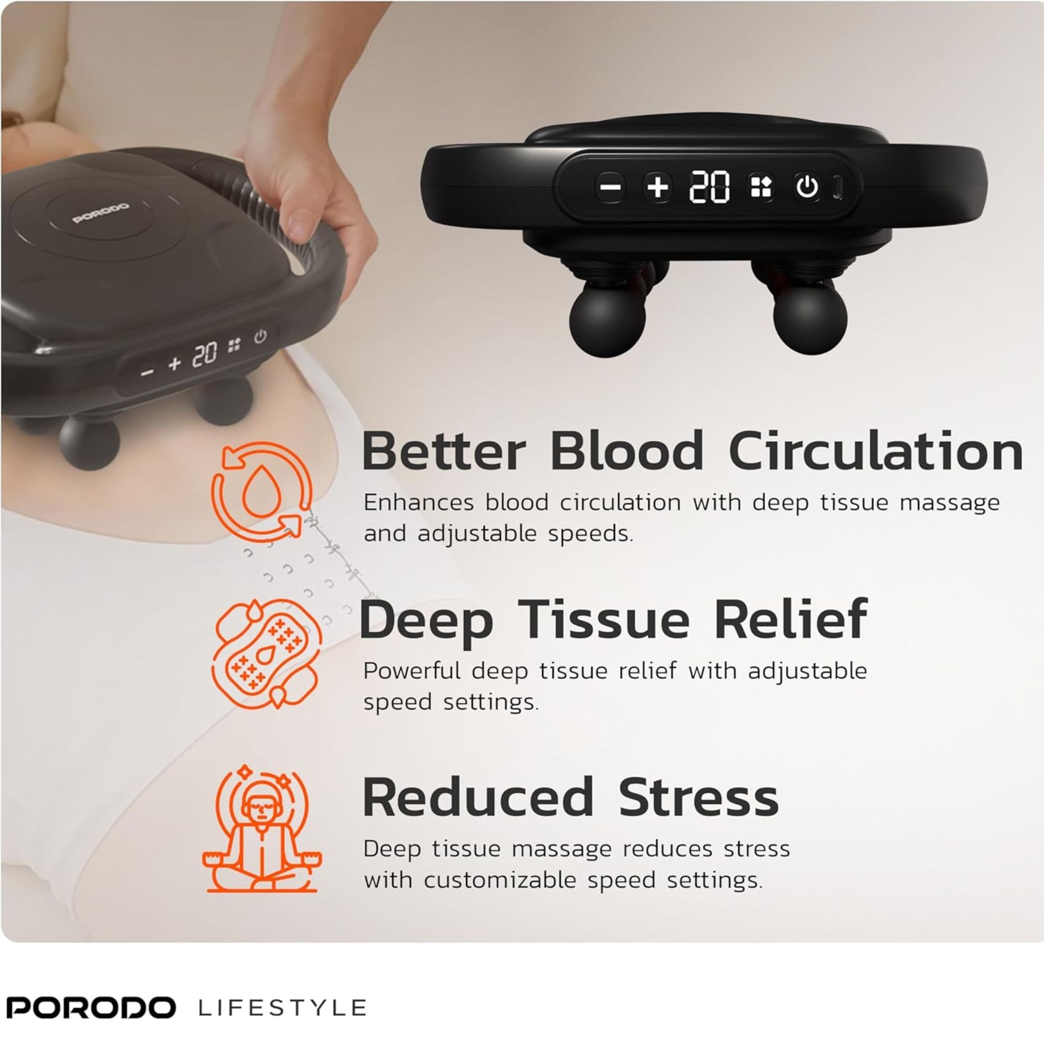 Porodo Lifestyle Power Pulse 8-Head Massage Gun with Red Light Therapy, 9 Speed Levels, 25W Motor, 3200RPM, USB-C Charging, 1500mAh Battery, Deep Muscle Relief-Black