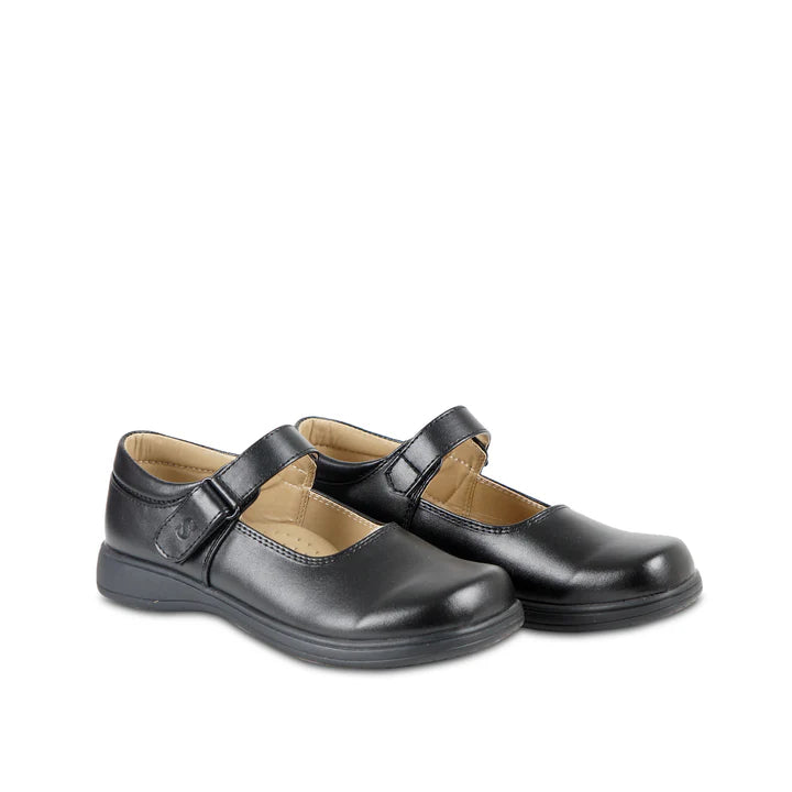 Pair of black shoes with a strap on a white background